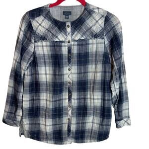 J. Jill Women's Plaid Button Down Fringe Shirt Sz XS Blue Long Sleeve Casual